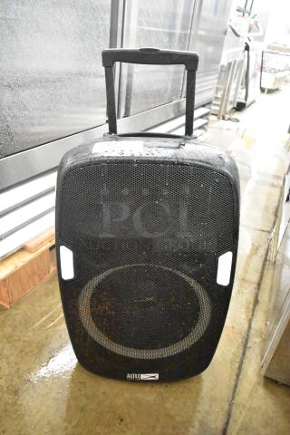 Altec Lansing IMT7002-BLK-FR trolley speaker with handle, black, visible wear, Altec logo, designed for portability.