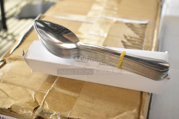 Brand new 18/0 stainless steel demitasse spoons on box; 12 spoons, labeled "One Dozen," made in China.