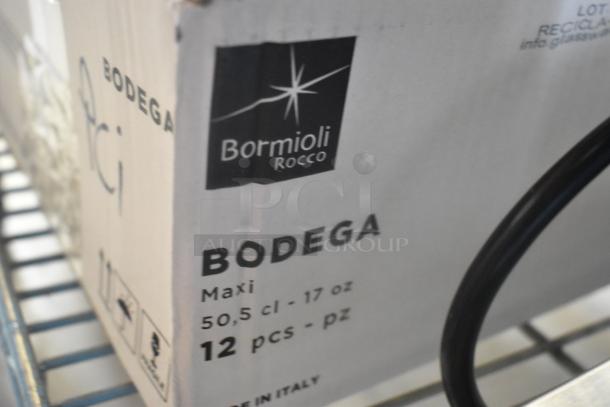 Box of Bormioli Rocco Bodega tumblers, 12 pieces, 12.5 oz each. Box indicates "Maxi 17 oz," with visible branding and Italian origin.