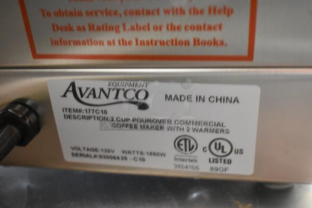 Alt text: Avantco 177C10 commercial coffee maker label showing model, 120V, 2 warmers, ETL and UL certification markings.
