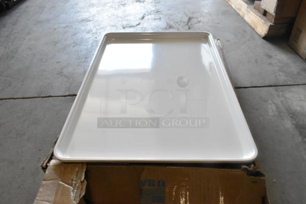 Box of 12 new 18"x26" white fiberglass MFG market display trays, scratch and dent condition, item 3320085269.
