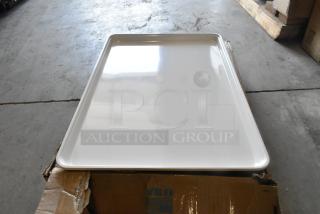 Box of 12 new 18"x26" white fiberglass MFG market display trays, scratch and dent condition, item 3320085269.