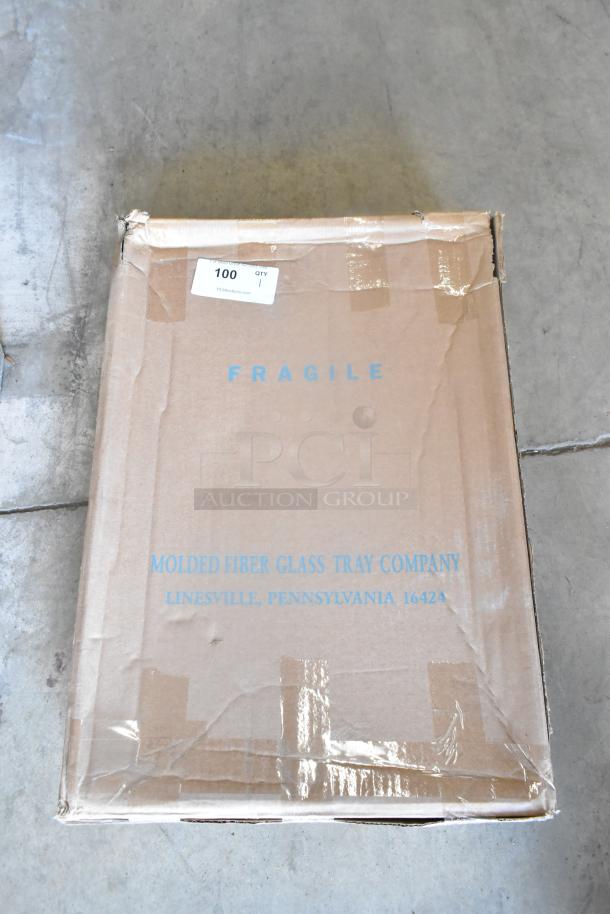Box of 12 new scratch and dent MFG Tray 18"x26" white fiberglass market display trays. Box shows "FRAGILE" and origin.
