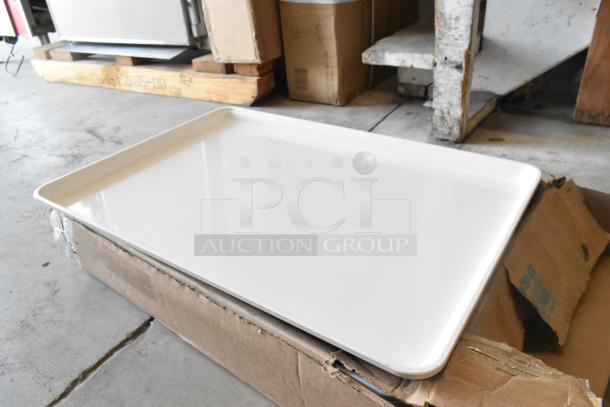 Box of 12 MFG Tray 18"x26" white fiberglass market display trays, scratch and dent condition.