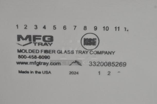 Box of 12 MFG Tray 18"x26" white fiberglass market display trays, model 3320085269. Brand new, scratch and dent. Marked "Made in the USA."