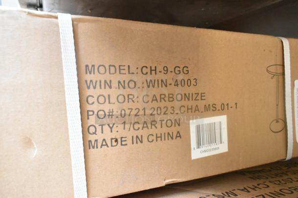 Cardboard box labeled "Model: CH-9-GG," color "Carbonize." Marked "Made in China." Indicates 1 table per carton.