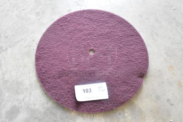 20 burgundy floor scrubber pads, lightly worn, round with central hole, auction tag indicating quantity of 20.