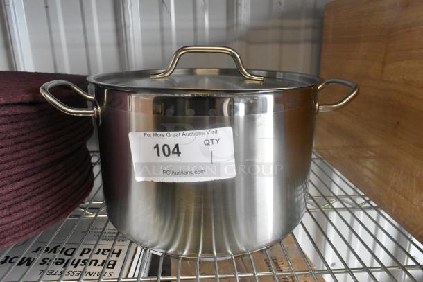 BRAND NEW Vigor SS1 Series 12 Qt. stainless steel-aluminum stock pot with lid, minor scratches, auction tag visible.