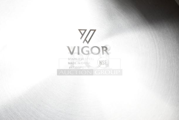Brand new Vigor 12 Qt. stock pot, stainless steel, aluminum-clad, minor scratches. Model: #473SSPOT12, NSF certified.