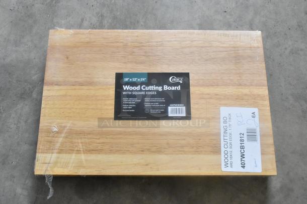 BRAND NEW Choice 407WCB1812 wood cutting board, 18" x 12" x 1.75", squared edges, minor scratches, intact packaging.
