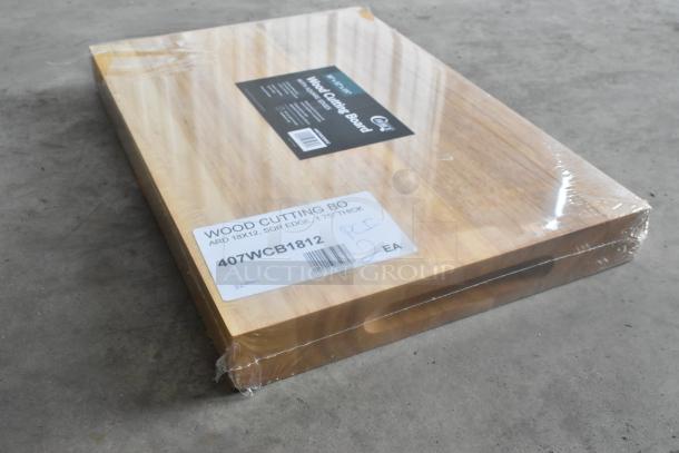 Brand new Choice 407WCB1812 wood cutting board, 18"x12"x1.75", squared edges, in packaging. Label shows size and model.
