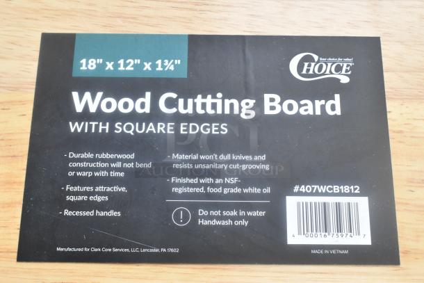 Choice 18" x 12" x 1.75" wood cutting board, square edges, durable rubberwood, #407WCB1812. Features NSF food-grade oil finish.