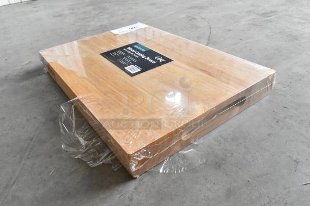 Brand new scratch and dent Choice 407WCB1812 wood cutting board in packaging, 18"x12"x1.75", squared edges.