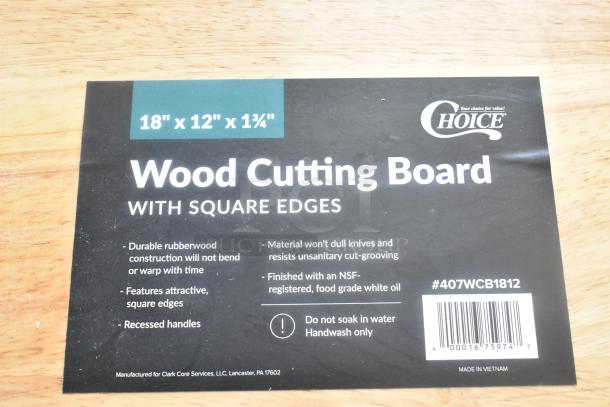 New Choice Wood Cutting Board 18"x12"x1.75", rubberwood, square edges, scratch and dent condition, #407WCB1812.