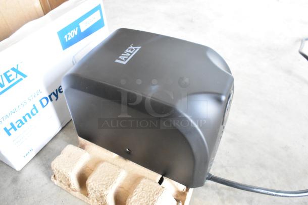 Brand new Lavex KW-1021B black stainless steel automatic hand dryer, 120V, minor scratches, with packaging.