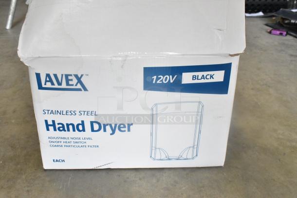 BRAND NEW Lavex KW-1021B black stainless steel automatic hand dryer. 120V, with adjustable noise level and on/off heat switch.