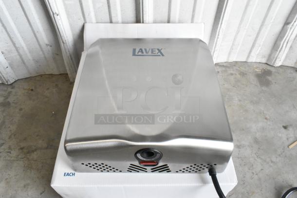 Lavex satin stainless steel automatic ADA hand dryer, model 158LAVADASHDSS, with HEPA filtration, 110/120V, on box.