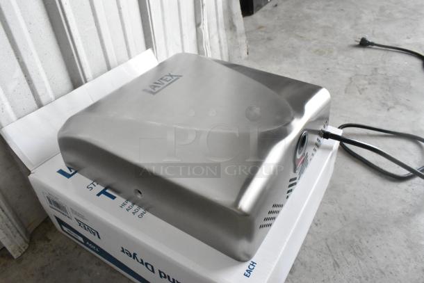 Lavex satin stainless steel automatic ADA hand dryer with HEPA filtration, 110/120V, new condition, shown on packaging.
