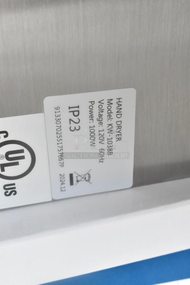 Lavex hand dryer label, model KW-1038B, 120V, 1000W, IP23. Stainless steel finish, UL certified.