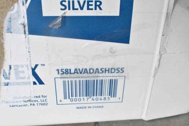 Lavex 158LAVADASHDSS hand dryer box, silver, showing brand and model info; scratch and dent condition.