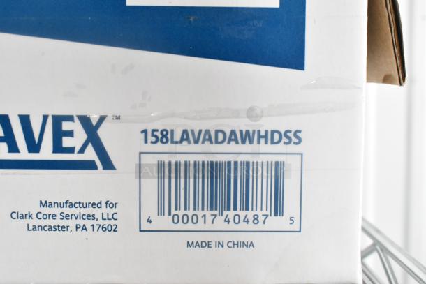 Lavex hand dryer box showing model 158LAVADAWHDSS, barcode, and manufacturing details for Clark Core Services, LLC.