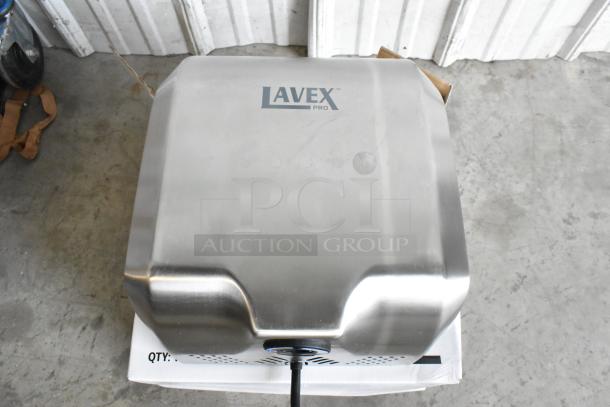 Lavex Pro Satin Stainless Steel Automatic Hand Dryer, model 158LAVPHDS, with visible HEPA filtration label. New condition.