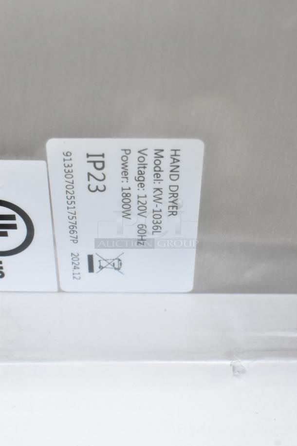Lavex Pro Satin Stainless Steel Hand Dryer, Model KW-1036L, 120V, 1800W, HEPA filter, IP23 label visible.