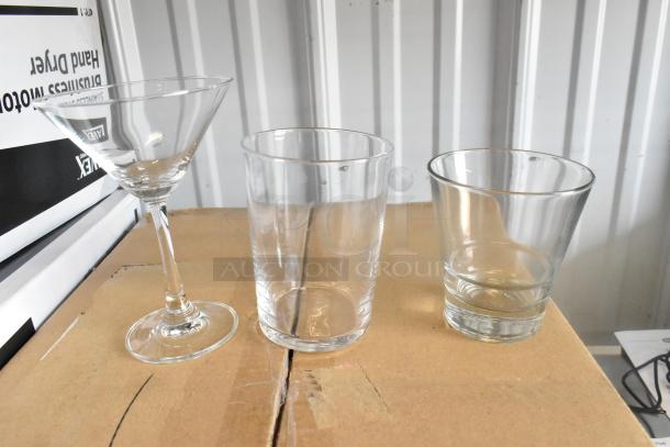 3 New Scratch and Dent Glasses: Acopa Martini Glass, Bormioli Rocco Maxi Tumbler, Libbey Old Fashioned Glass.