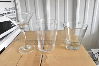 3 New Scratch and Dent Glasses: Acopa Martini Glass, Bormioli Rocco Maxi Tumbler, Libbey Old Fashioned Glass.