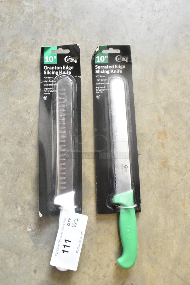 2 new knives in packaging: Choice 10" Granton Edge Slicing Knife with white handle, and 10" Serrated Knife with green handle.