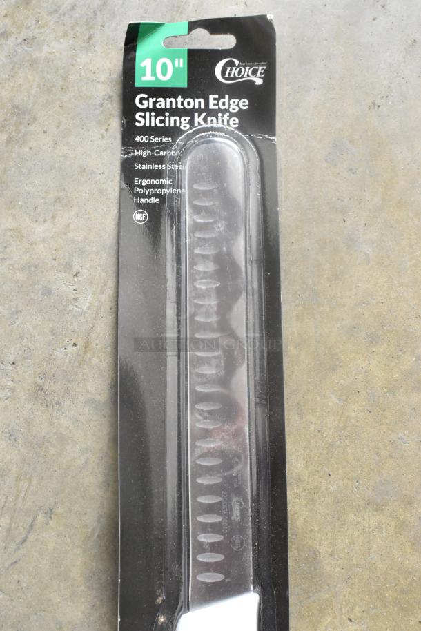 10" Granton Edge Slicing Knife, high-carbon stainless steel, ergonomic white handle, new, scratch and dent.