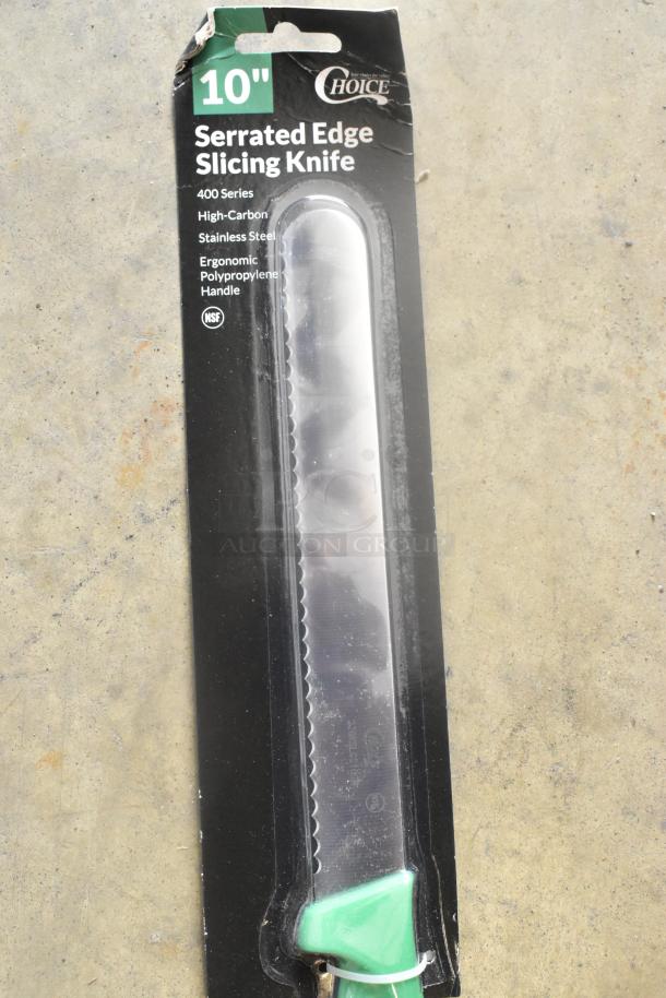 Choice 10" Serrated Edge Slicing Knife in packaging, high-carbon stainless steel, green handle, NSF certified.