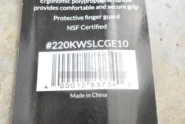 Barcode and label for Choice 10" Granton Edge Slicing Knife. Model #220KWSLCGE10, NSF certified, made in China.