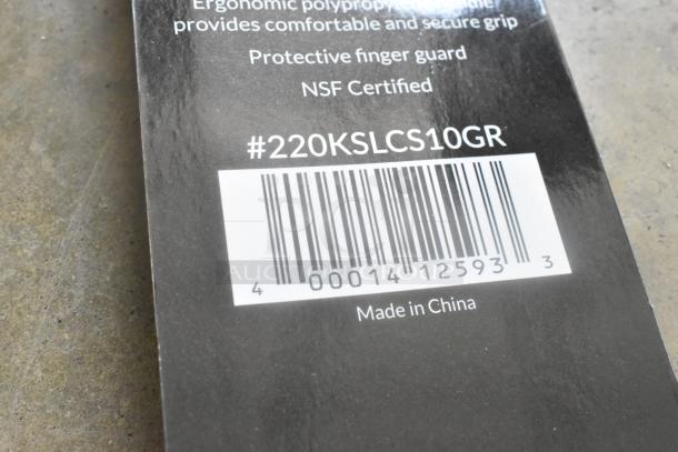 Barcode with model #220KSLCS10GR, indicating Choice 10" Serrated Edge Slicing/Bread Knife. Text highlights ergonomic grip, protective guard, NSF certification. Made in China.
