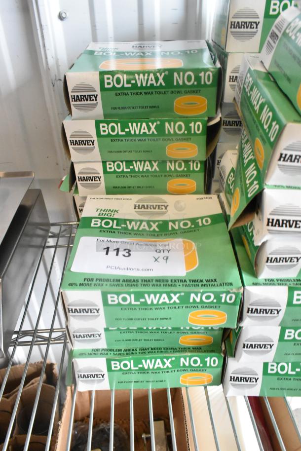 Nine Harvey by Oatey 007400 Bol-Wax No. 10 boxes, extra thick wax toilet bowl gaskets, new condition.