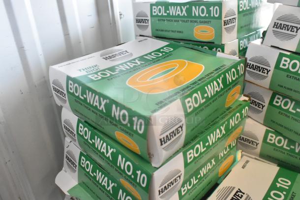 Stack of new Harvey by Oatey Bol-Wax No. 10 extra thick wax gaskets, package shows 3" and 4" compatibility.