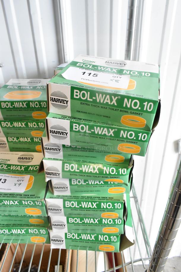 8 boxes of Harvey Bol-Wax No. 10, 3"/4" extra thick wax gaskets, brand new, scratch and dent condition, visible labels.