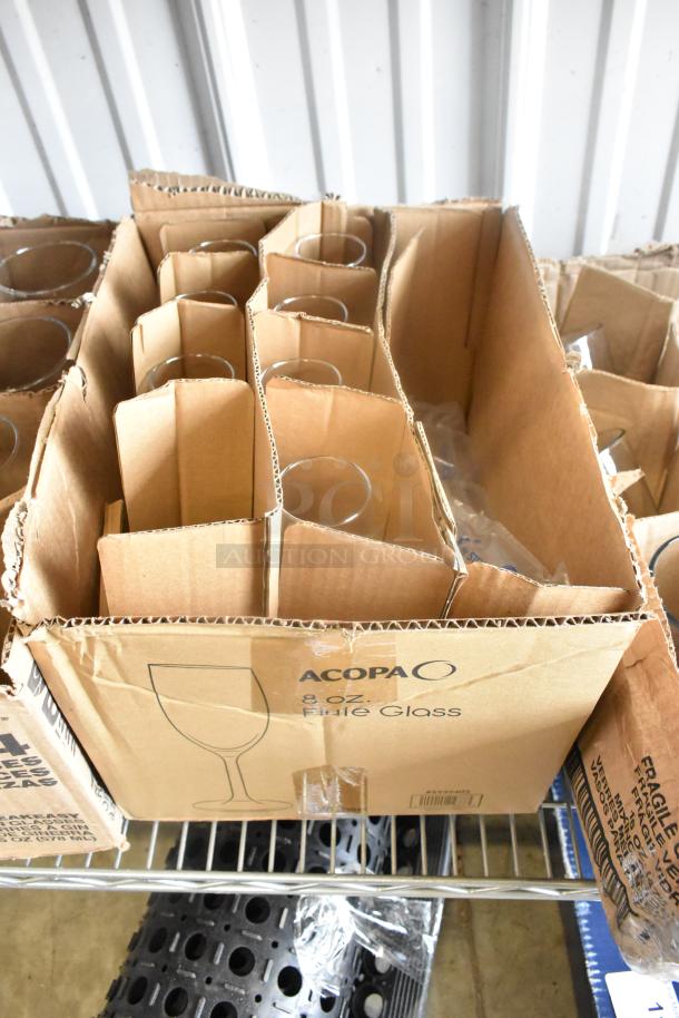 Box of brand new Acopa 8 oz. flute glasses, customizable, in original packaging. Scratch and dent condition.