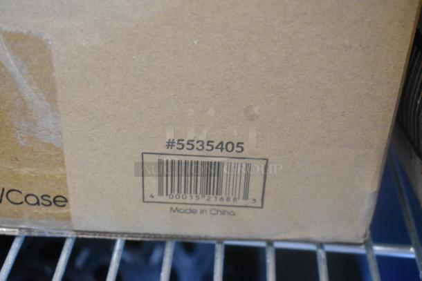 Cardboard box labeled #5535405 with barcode. Contains Acopa 8 oz. Flute, Libbey 16 oz. Pint, 19.5 oz. Gin Glass. Made in China.