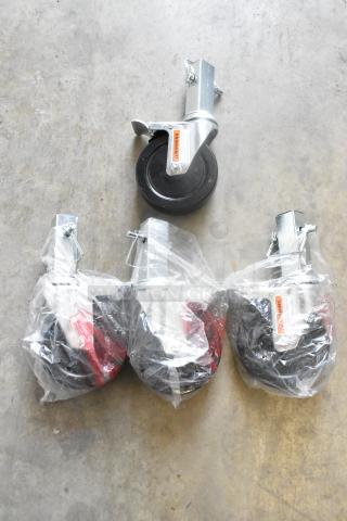 Lot of 4 brand new commercial casters, partially wrapped, with minor scratches. Featuring durable black wheels and metal mounts.