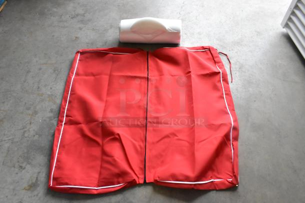 Brand new red bag and unit with minor scratches and dents. Features bright red fabric and accompanying white unit.