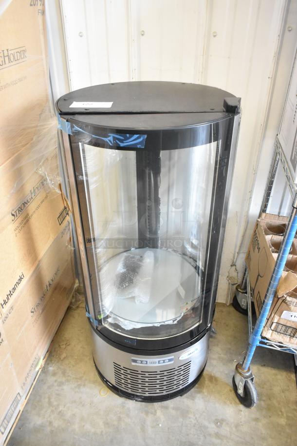 Brand new KoolMore CDUR-3C circular bakery display case, 19-inch, refrigerated, broken glass visible, 115V, 1 phase.