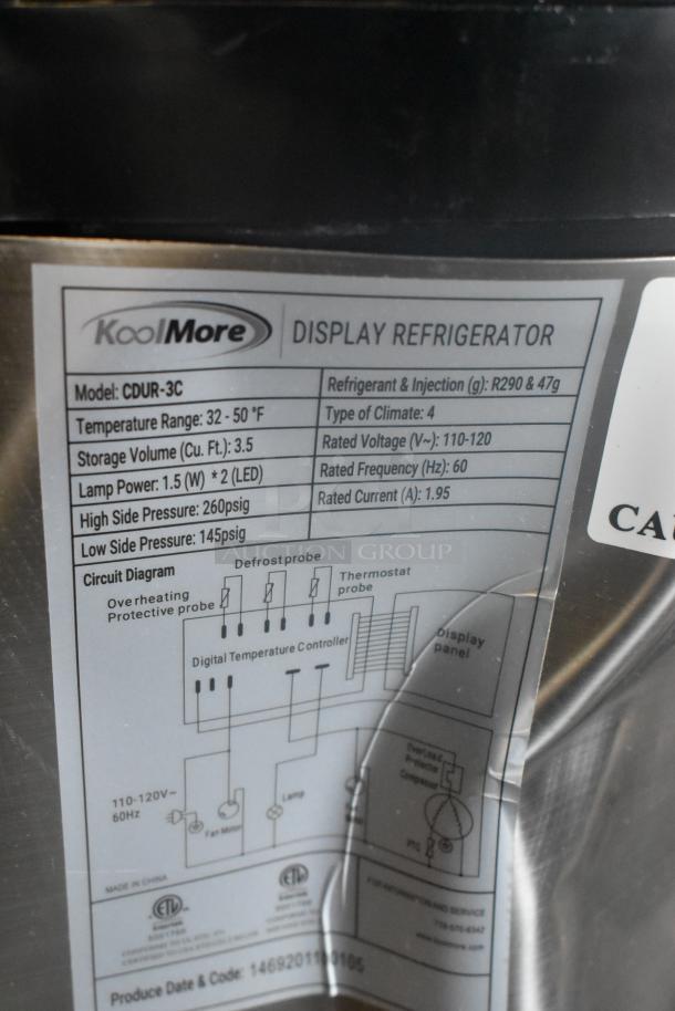KoolMore CDUR-3C display refrigerator label, showing model, temperature range (32-50°F), 3.5 cu. ft. storage, 115V.
