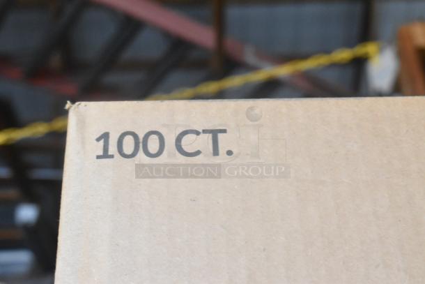 Box labeled "100 CT." indicating 100 StrongHolder Molded Fiber 2 Cup Carriers with Food Tray, scratch and dent condition.