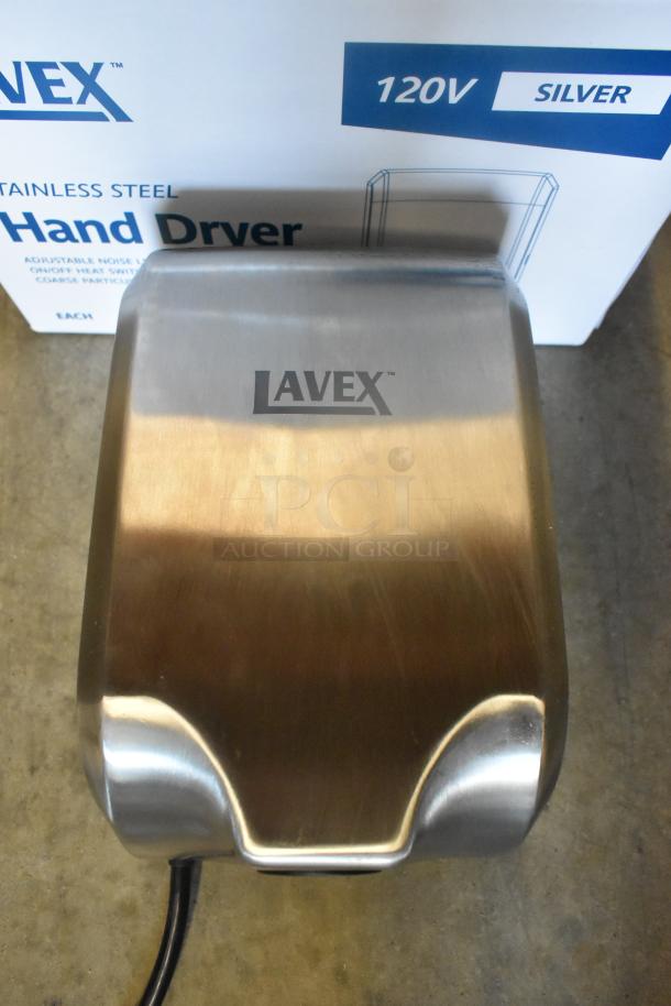 Lavex white and satin stainless steel automatic hand dryers, model 158LAVHDSSW/SSS, 110/120V, new, in box.