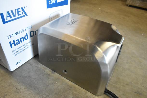 Lavex automatic hand dryer in stainless steel, 110/120V, 1,350W, model 158LAVHDSSS, shown with original packaging.