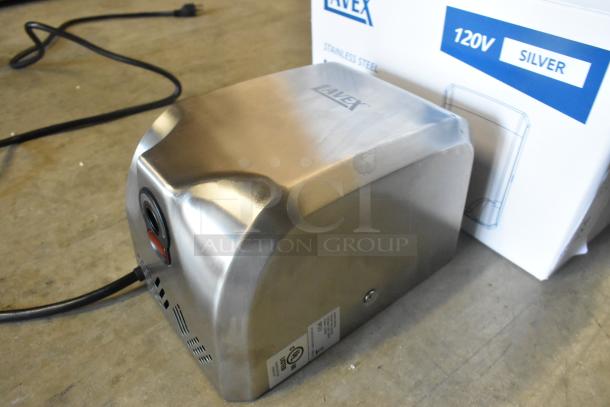 Lavex satin stainless steel automatic hand dryer, 110/120V, 1,350W, with original box and cord, showing minor scratches.