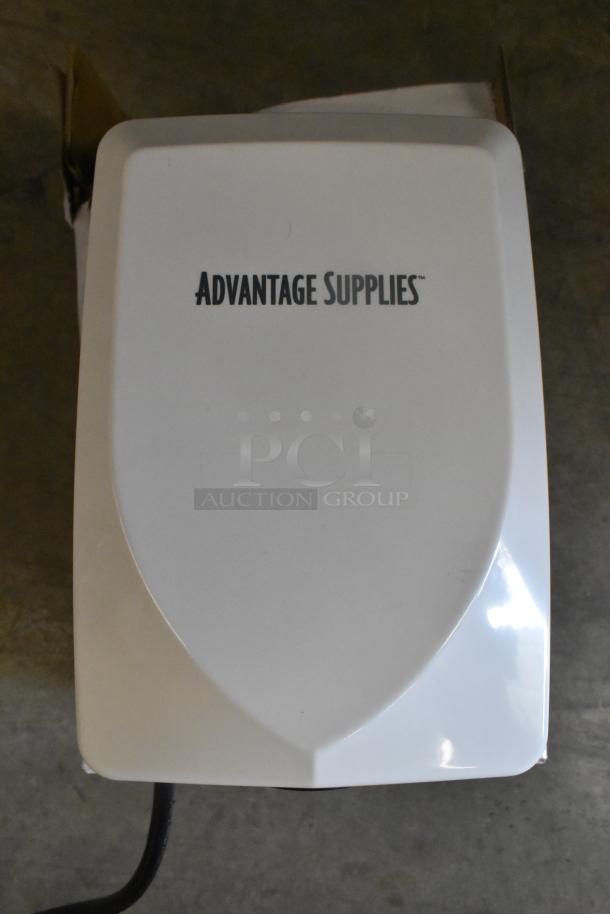Brand new Advantage Supplies White ABS Automatic ADA Hand Dryer, 1,000W, model 158ADVHDW, in original packaging.