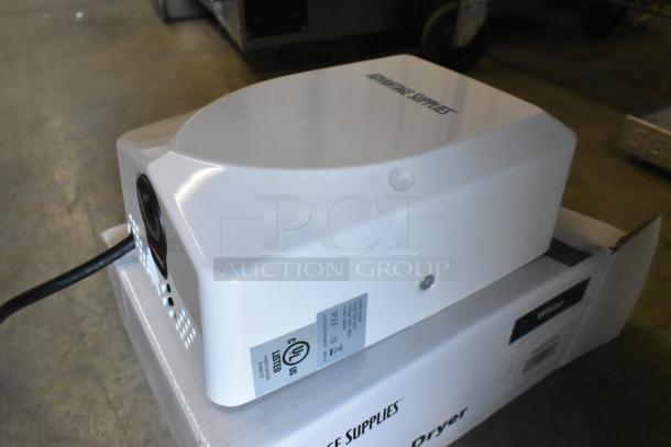 Advantage Supplies white ABS plastic automatic ADA hand dryer, 158ADVHDW model, 110/120V, 1,000W, brand new.