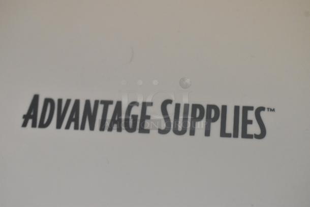 Advantage Supplies logo on ABS plastic automatic ADA hand dryer, indicating brand model as 158ADVHDS, 1,000W, 110/120V.